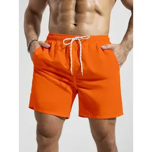 Manfinity Swimmode Men's Plain Pocketed Drawstring Waist Beach Shorts, Suitable For Summer, Hawaiian, Men Dry Fit Orange Swim Trunks, Men Swim Trunk Matching, Men Beachwear, Plain Swim Trunks