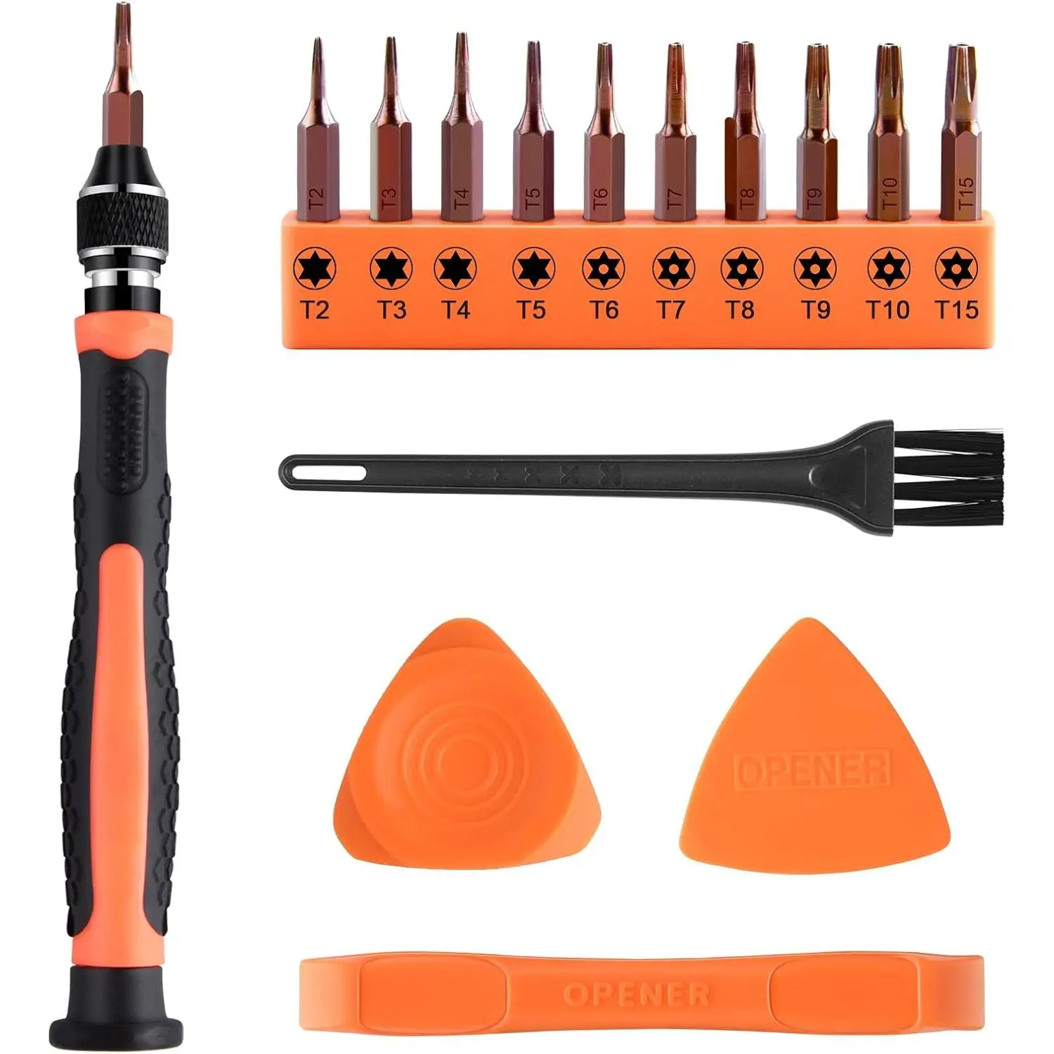 10-in-1 S2 Steel Magnetic Torx Screwdriver Set - T2-T15 Bits, Ergonomic Grip Handle, Strong Magnetism, 1 Cleaning Brush, 2 Spudgers, Security Tool for Phones, Laptops, Gaming Consoles