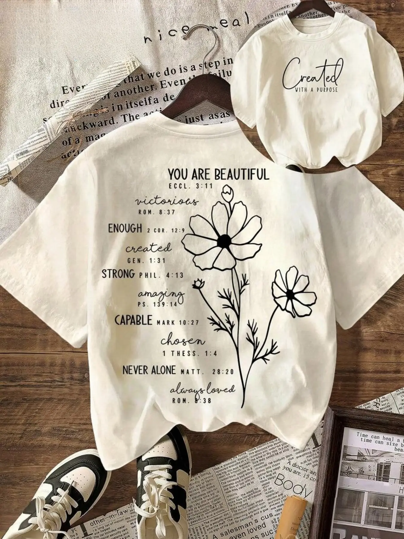 Biblical Verse Floral Inspirational Print T-Shirt For Women, Religious Style, Vintage Casual, Round Neck, Short Sleeve, Breathable, Everyday Summer Casual Wear, Party Outfit, Fashionable Print Design, Soft Texture, A Must-Have For Trendsetters
