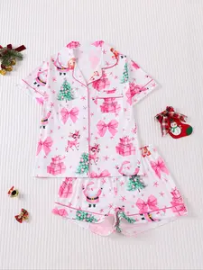 Women Christmas Pajama Set, Santa & Bowknot Tree Pattern, Short Sleeve Button-Up Shirt & Elastic Shorts, Casual All-Season Sleepwear Loungewear