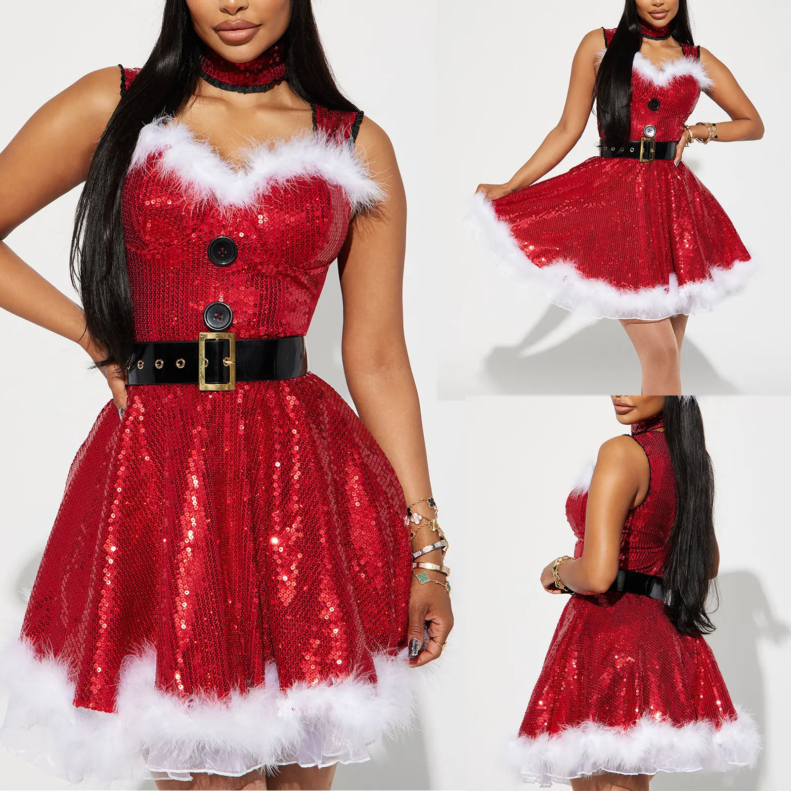 Women Christmas Costume, Sleeveless Sequined Furry Patchwork Belted Slip Dress with Choker Party Outfit