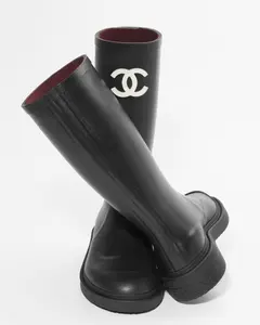 Chanel REV Black White Caoutchouc CC Logo High Pull On Rubber Tall Rain Boots
