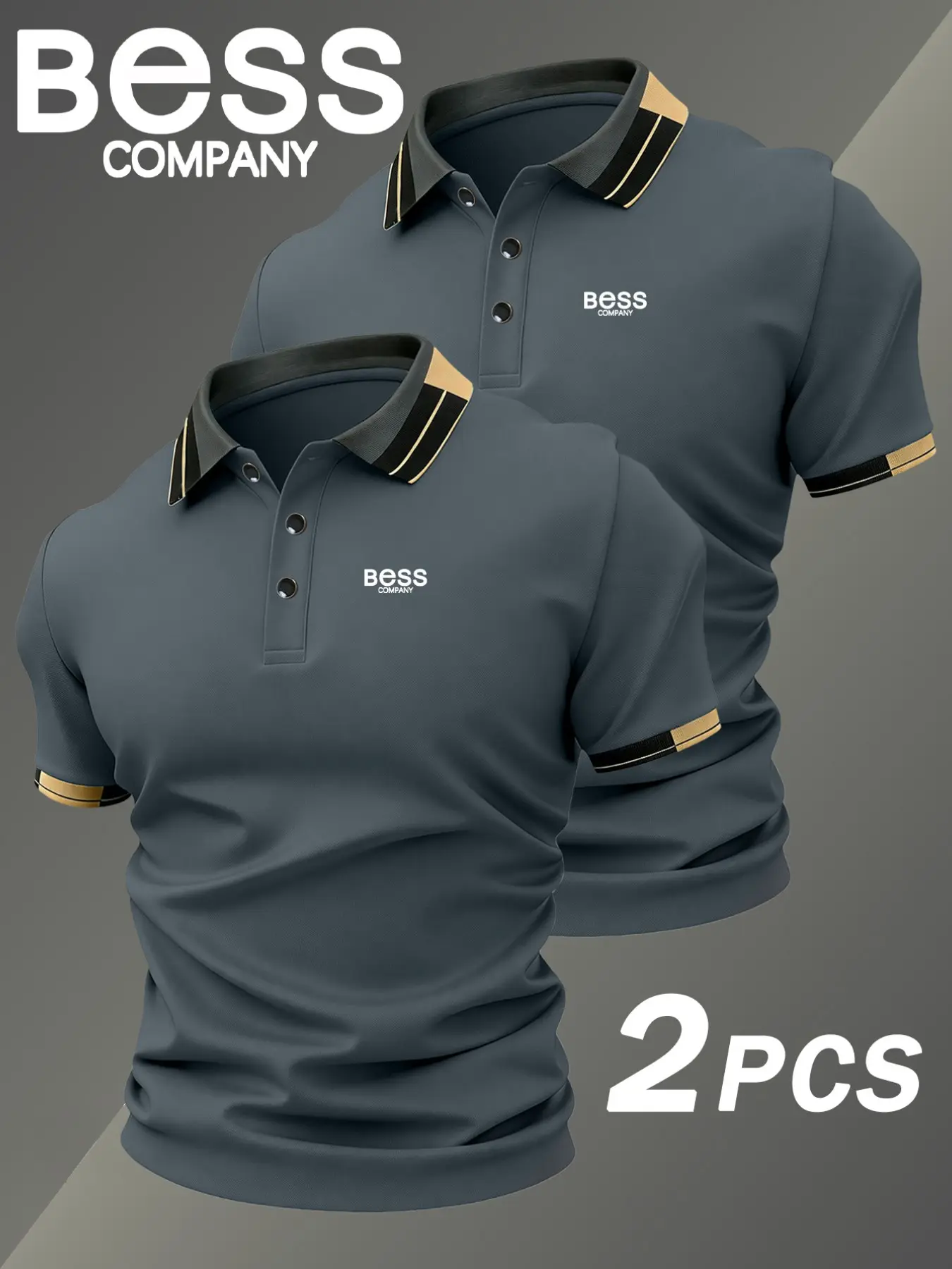 Two-Piece Hh4789 Fashion Bess Logo Print Men's Collared Shirt, Elastic Casual Breathable All-Season Comfortable High-End Polo