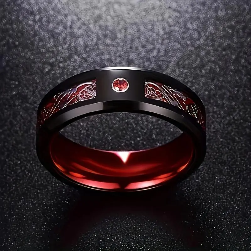 Men's Classic Band Ring, 8mm Black Tungsten Carbide with Celtic Dragon Inlay, Red Cubic Zirconia Accent, Scratch-Resistant Comfort Fit Wedding Band, Men's Accessories, Classic Band Rings