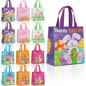 12Pack Easter Bags with Handles for Kids, Small Reusable Easter Gift Goodie Tote Bags for Egg Hunt Game, Non Woven Cute Rabbit Treat Bag for Gift Wrapping,Easter Spring Party Supplies (8.66 x 4.33 x 9.06 in)