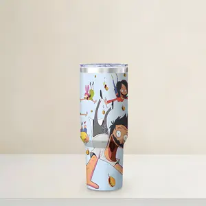 1 PC 30oz Leakproof Insulated Tumbler With Handle And Lid, Double Wall Stainless Steel Travel Mug, Leak Proof, Keeps Drinks Hot 12H Cold 24H, Cartoon Burger Family Print Cup, Large Capacity Thermal Mug, Flasks For Iced Coffee, Water, Gifts For Women Men