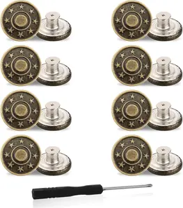 Jeans Buttons Replacement, 8PCS Instant No Sew Buttons for Pants Removable Metal Pant Buttons Tightener Adjustable Button Replacement Kit with Threads Rivets and Screwdriver (20Mm) Amaxiu
