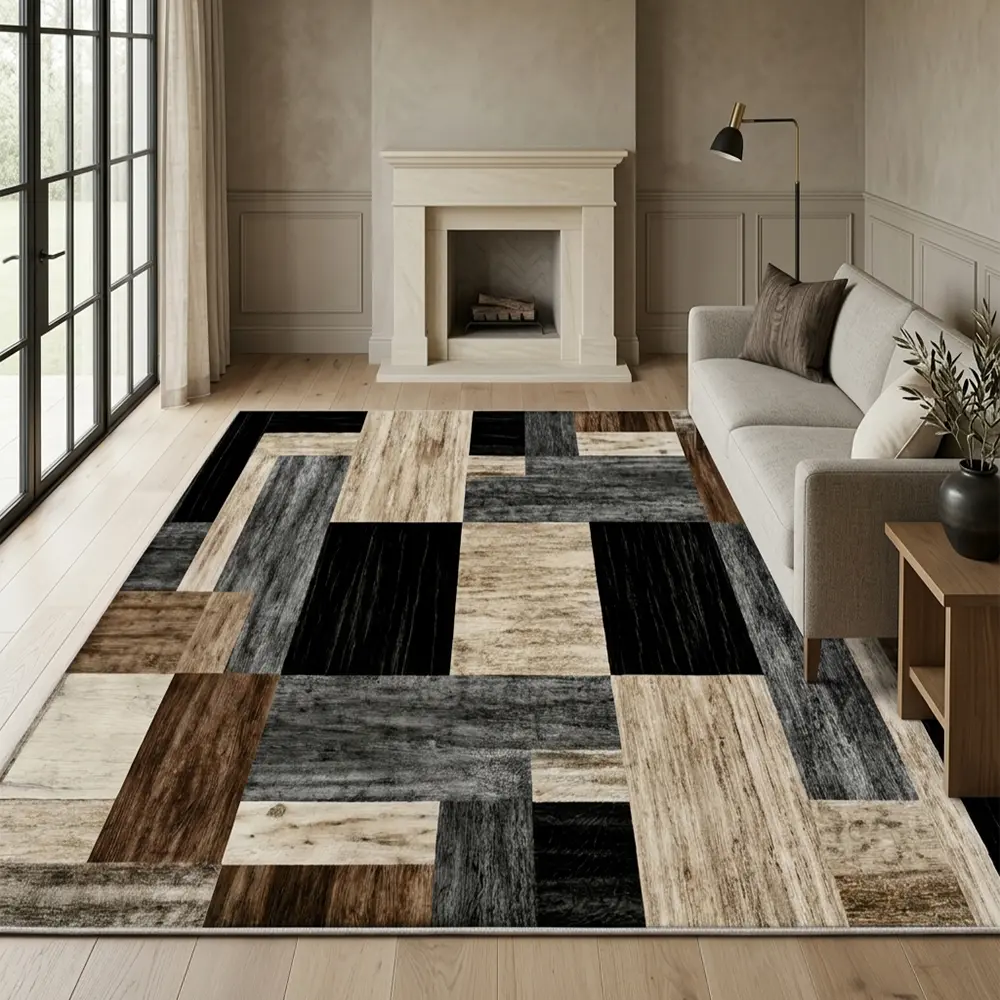 RUGIXE Machine Washable Modern Patchwork Area Rug 8x10 5x8 4x6 ft, Black Brown Wood Grain Geometric Soft Velvet Low Pile Rug with TPR Non Slip Backing, Comfortable Durable Wear Resistant Floor Carpet for Living Room Bedroom Office