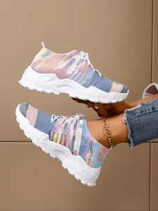Women's Fashionable Colorblock Lace Up Low Top Sneakers, Casual Comfortable Breathable Sports Running Shoes, Knitted Running Shoes, All-match Basic Shoes for Daily Wear