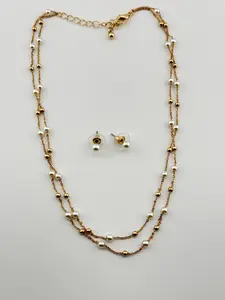 Gold and Pearl Necklace and Earrings Set, Layered Pearl Necklace and Stud Earrings Set, Minimalist