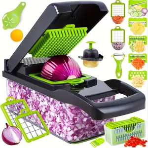 16-In-1 Multifunctional Vegetable Chopper with Container, Manual Food Slicer Dicer Cutter for Onion Carrot Garlic, Kitchen Gadget Set with Strainer Hand Guard, Multifunctional Cabbage Grater, Veggie Chopper