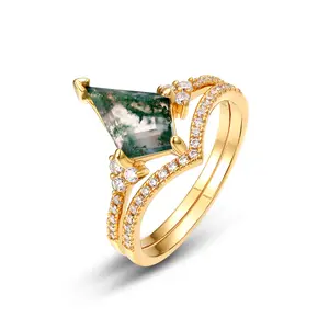 Luxury Jewelry Rhombus Shape Retro Green Gemstone Ring Bling Cubic Zirconia And Moss Agate Ring Set