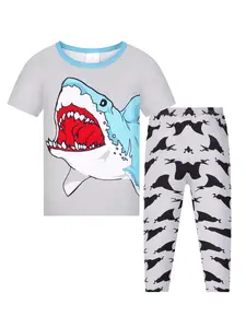 Boys' Shark Pattern Short Sleeve Long Pants Pajama Set, Casual Fitted Sleepwear, 2 Piece Home Wear, Cartoon Style, Cartoon Print Pajama, Pajama Lounge Sets