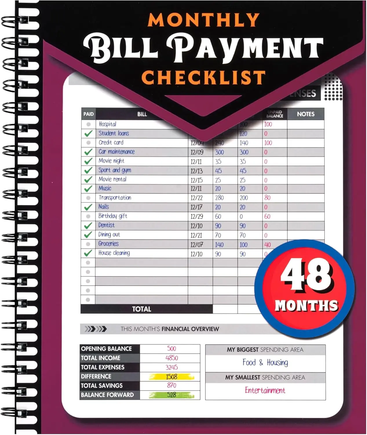 2026 Bill Payment Tracker Notebook 48-Month Budget & Finance Organizer with Monthly Checklist Personal Office Planner for Money Management Dorm Travel Perfect for Holiday Year-Round Financial Goals,Bank Account Tracking,Durable Bound Notebook