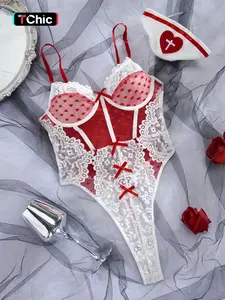 Women's Heart Embroidery Bowknot Decor Sexy Lace Lingerie Set, Contrast Mesh Cami Bodysuit & Nurse Hat Nurse Cosplay Costume Set, Ladies Sexy Wear