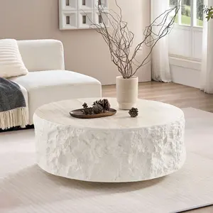 35.43in Sturdy Body Fiberglass Round Center Coffee Table, Vintage Stone Texture Design, No-Assembly Indoor Furniture for Living Room, Home Decor