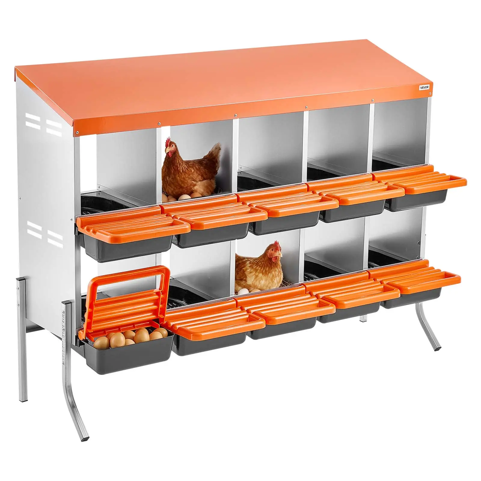 VEVOR 10-Compartment Roll Away Nesting Boxes, Galvanized Steel & High-Strength Plastic with Support Legs, Easy Egg Collection, Orange Chicken Coop Enclosure Accessory for Hens