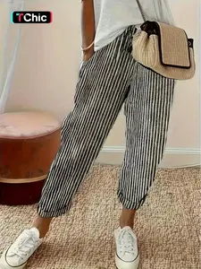 Women's Striped Print Pocket Elastic Waist Pants, Casual Comfy Trousers for Daily Wear, Ladies Bottoms for All Seasons