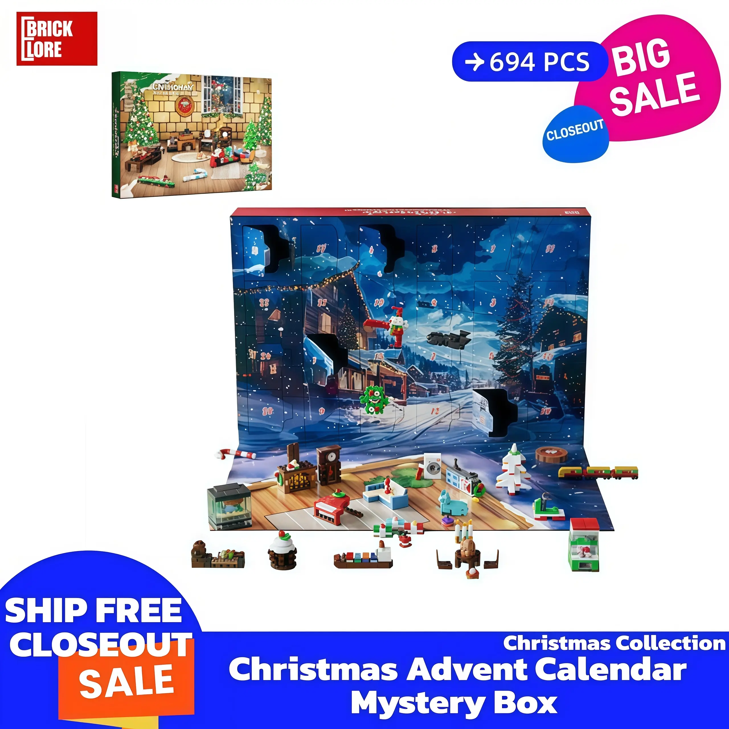 [BrickLORE](SHIP FREE)Christmas Advent Calendar Blind Box Mystery Box  Christmas collection 694 Pieces With GIFT box