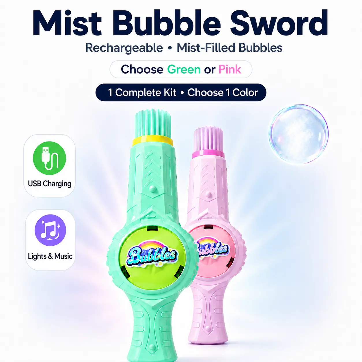 Mist Bubble Machine for Kids – Rechargeable Electric Smoke Bubble Sword, Elastic Fog Bubble Wand with Colorful Lights & Music, Outdoor Summer Toy, Birthday Gift for Boys & Girls