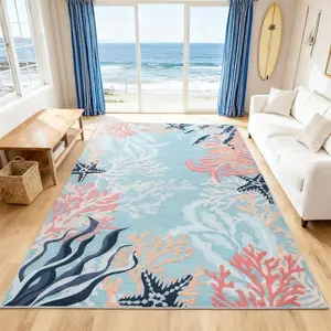 6x9 Feet Washable Ocean Coral Reef Themed Area Rug, Modern Soft Faux Wool Non-Slip & Easy to Clean Carpet, Decorative Rug for Living Room, Bedroom, Hallway, Porch, Patio, Home Decoration,Blue, Beige,4x6,5x8,6x9 Feet