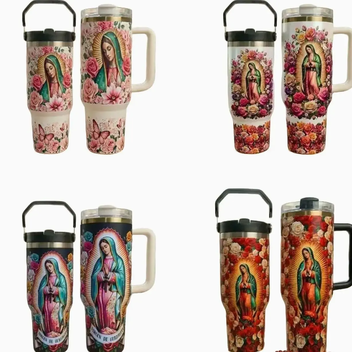 Virgin Mary Our Lady of Guadalupe Tumbler 40oz 30oz with Handle, Catholic Floral Stainless Steel Cup, Religious Gift, Insulated Hot Cold Drink Mug