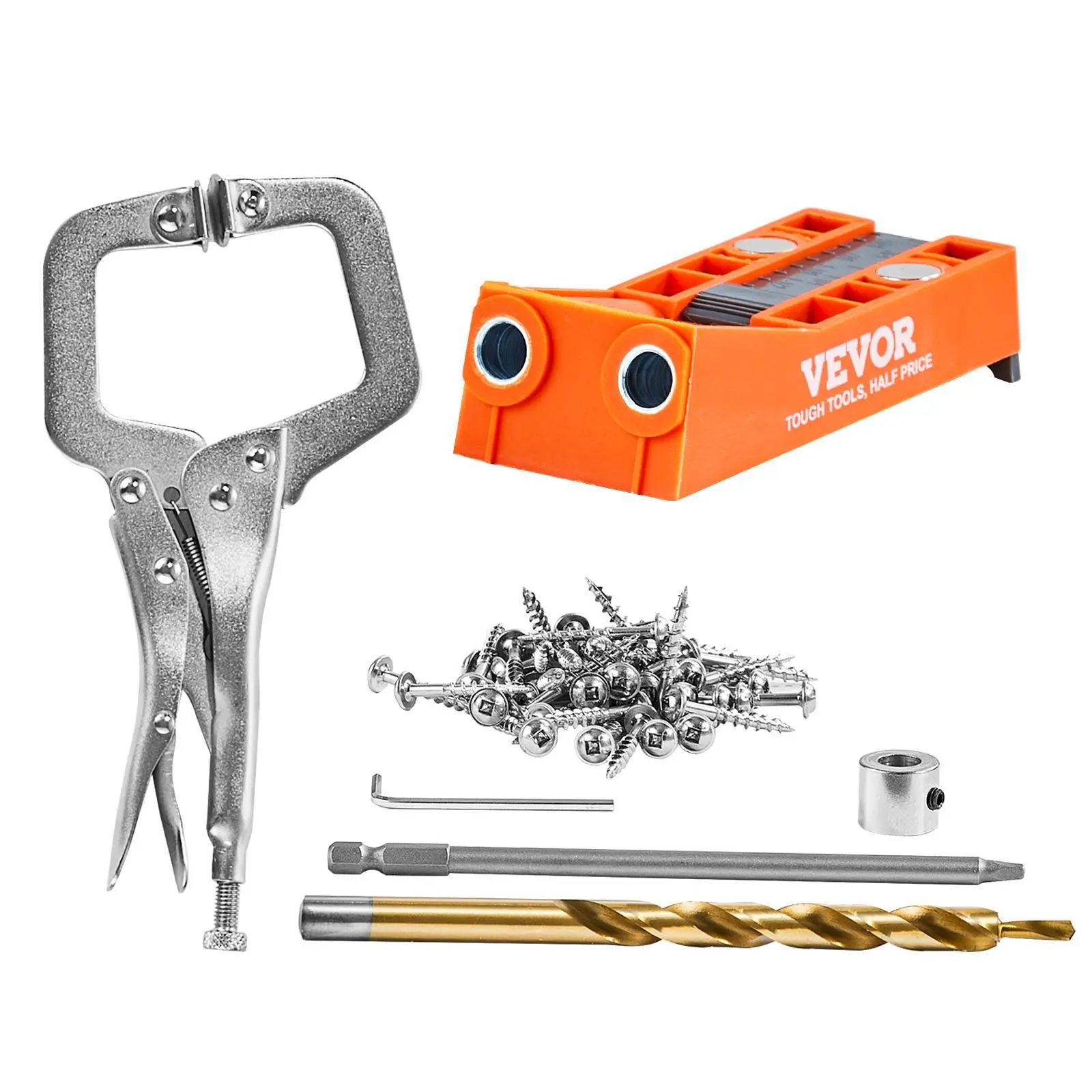 【Fallpicks】VEVOR Pocket Hole Jig Full Tool Kit, 56-Pcs Woodwork Hand Tools Set with 9-in C-Clamp, Step Drill, Wrench, Square Drive Bit, Drill Stop Ring, Adjustable Depth, Screws for DIY Carpentry, Building Cabinets & Chairs, Consistent Drilling