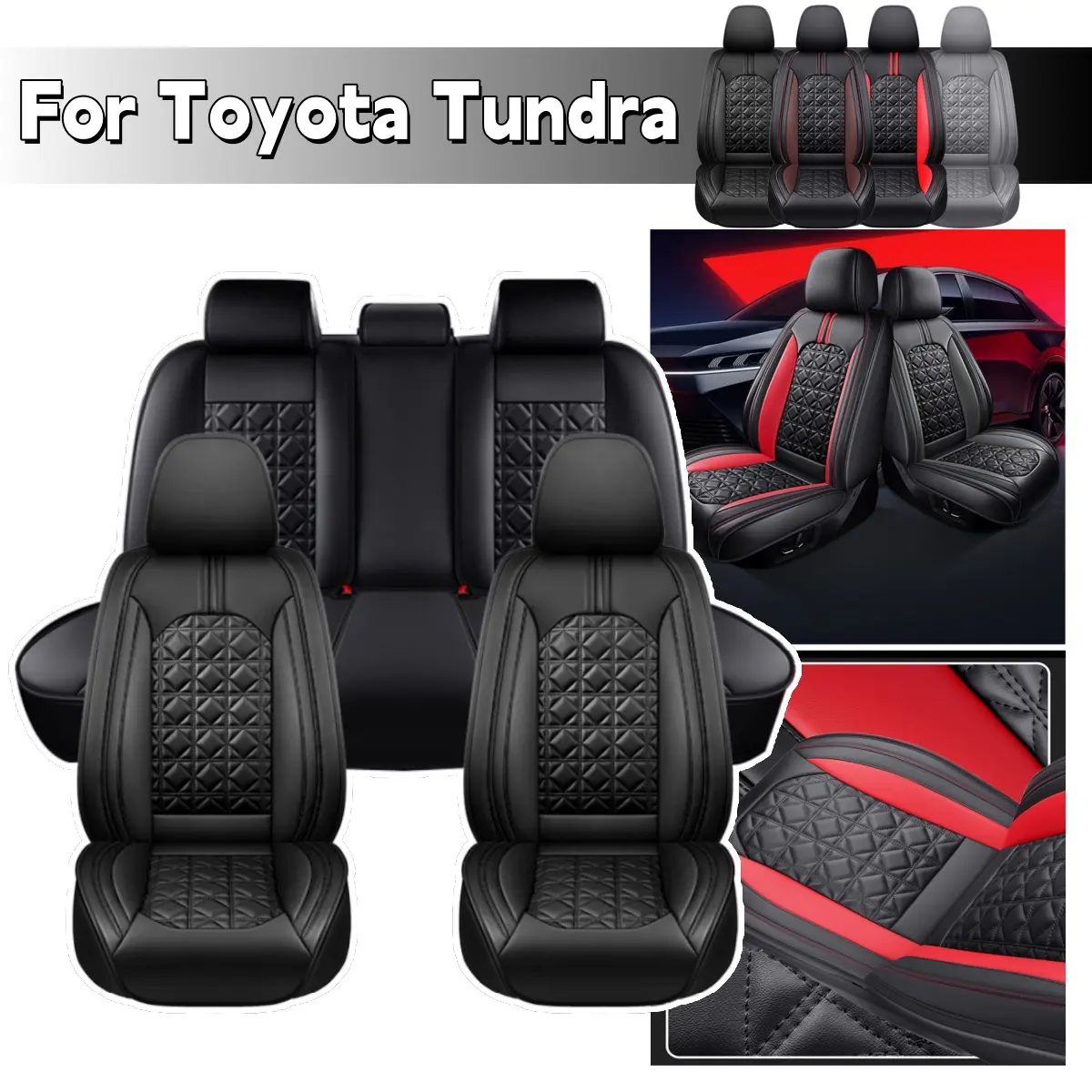 Premium PU Leather Car Seat Covers Full Set for Toyota Tundra Pickup Truck, 2/5-Seat Embroidery, Dirt Protection, Tool-Free, 4-Season Comfortable Cover, Breathable Front+Rear Cushion Protector, Ideal for Long Drives & Holiday Gifts for Loved Ones, Front +