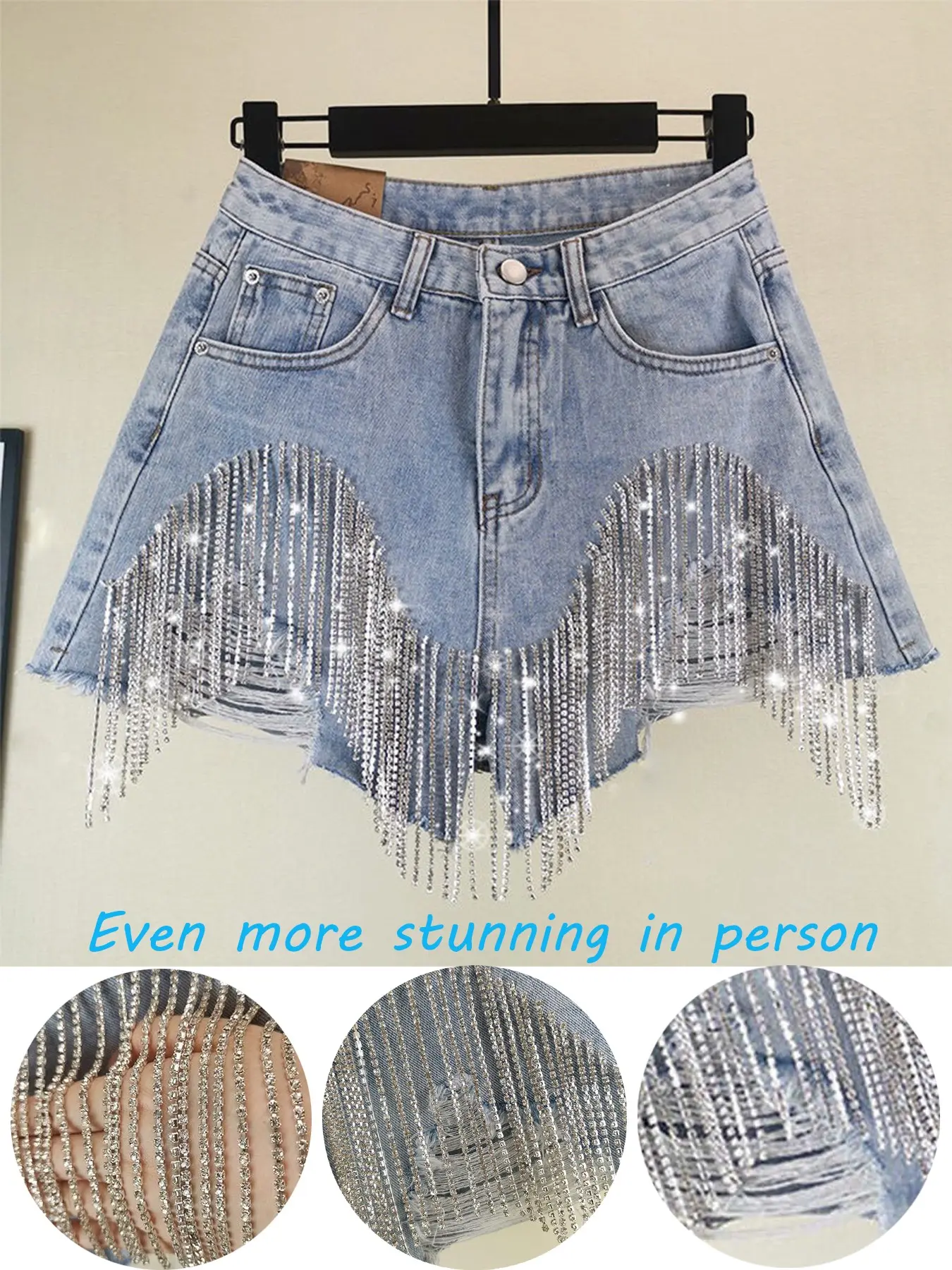 Women's Full Rhinestone Bling Everyday Casual Denim Shorts – Sparkly Mid Waist Fit Summer Jean Shorts Womenswear Bottom