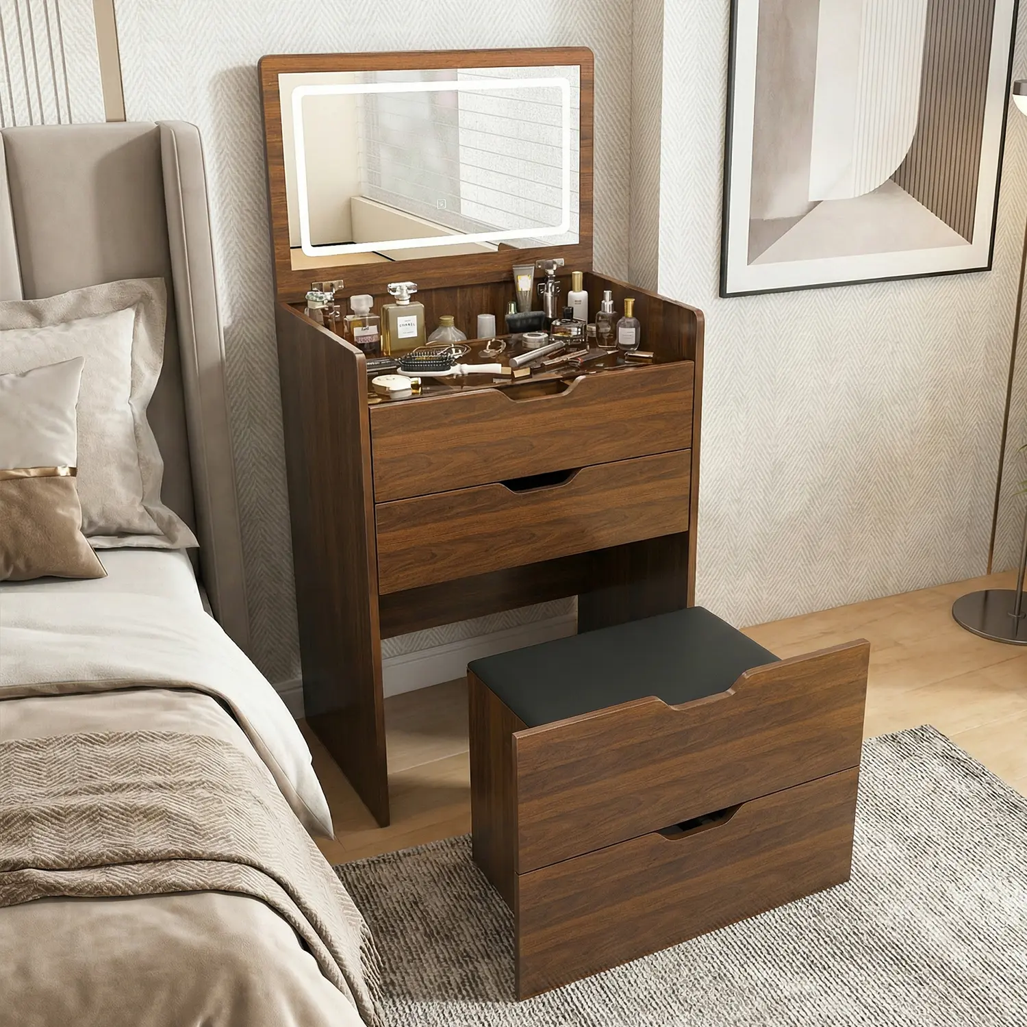 LED Makeup Vanity Desk with 3-in-1 Design, Dimmable Mirror Lights, Stool, Flip Top, 4 Drawers, Walnut Finish, Reinforced MDF, Assembly Required – Compact Storage for Studio Apartments, Bedroom Dressing Rooms