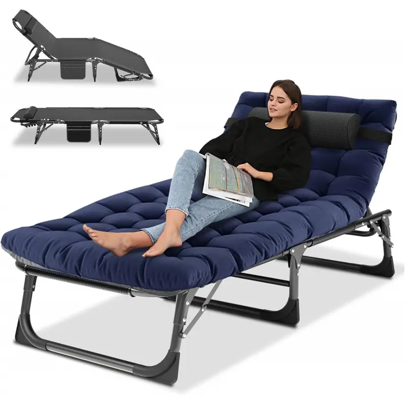 Portable Folding Camping Cot, 4-Position Adjustable Reclining Outdoor Lounge Chair for Adults with Pillow, Sleeping Bed for Camping and Poolside, Outdoor Lounge Chairs
