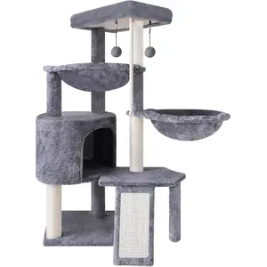 Three Layer Cat Tree with Cat Condo and Two Hammocks,Grey