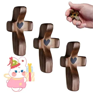 Three Olive Wood Crosses Fidget Christian Prayer Decor Eco Friendly Hand Heart Design Anxiety Relief Gift for Home Office Desktop or Pocket Inspired Prayer Companion