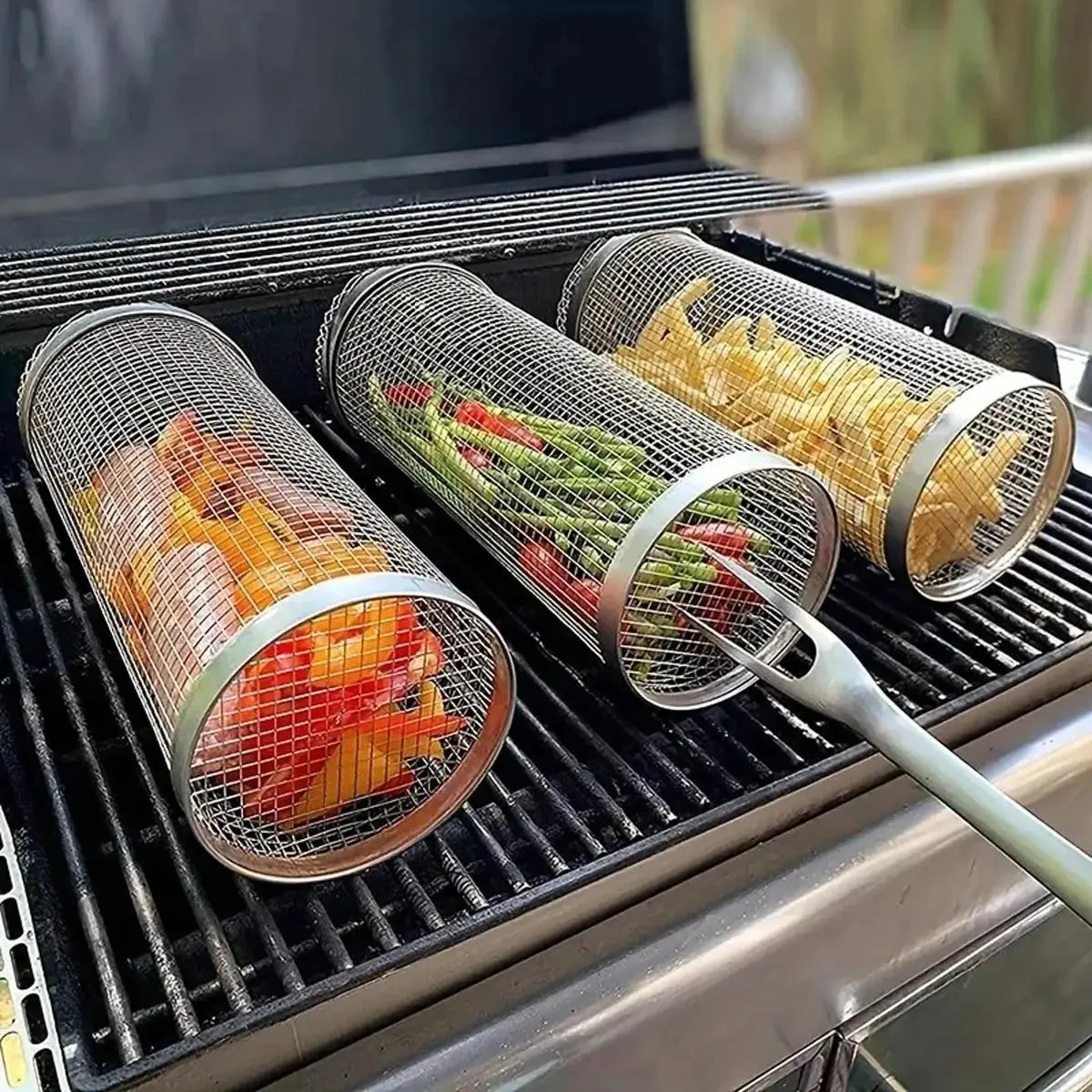 1/2PCS BBQ Rolling Grill Basket Stainless Steel Mesh Cage for Vegetable Fish