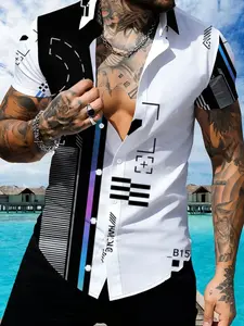 Fashion Men's Short Sleeve Collared Shirt, Personality Printed Slim Vest, White Trendy Short Top, New Designed Men's Coat