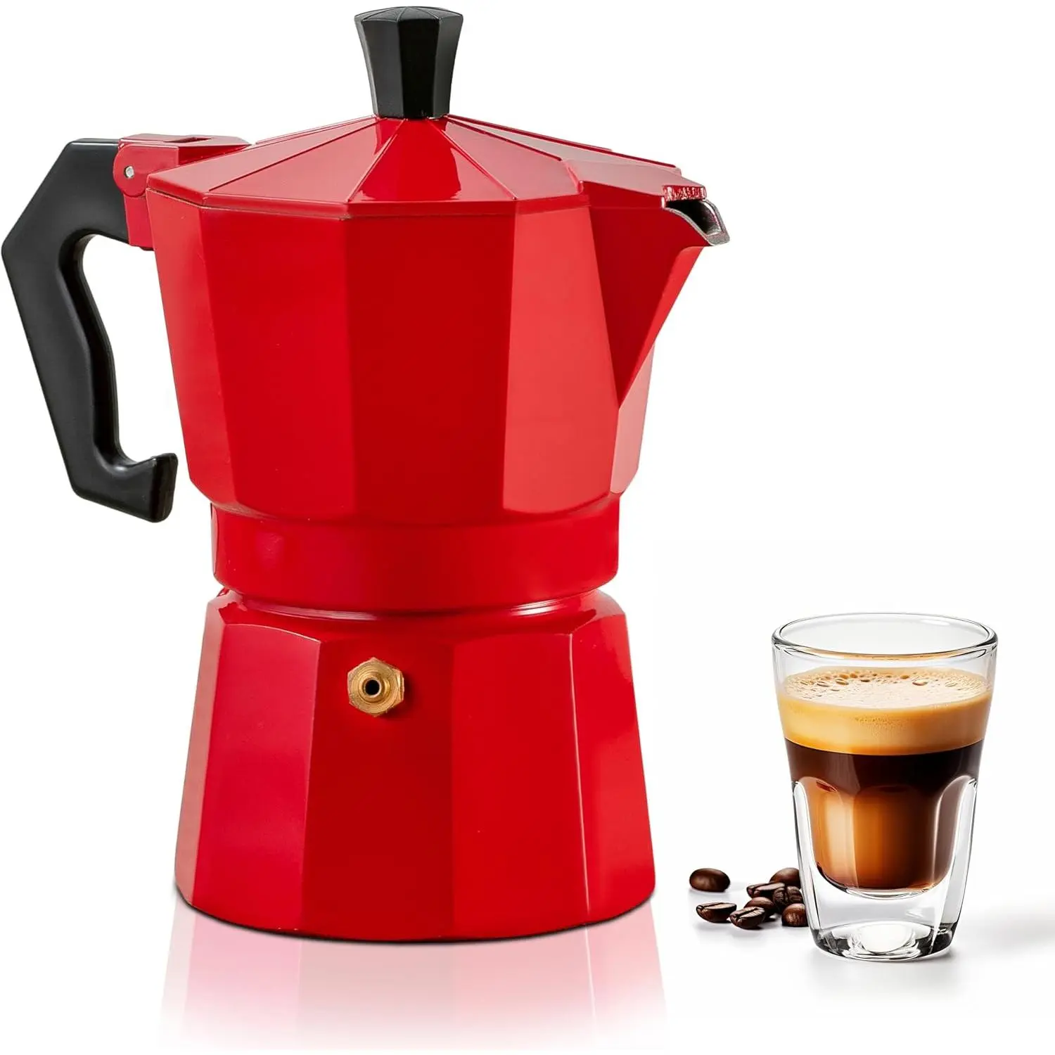 Mixpresso Traditional Metal Aluminium Moka Stove Coffee Maker - Red 3-Cup 5oz (0-500 ml) Espresso Pot with Ergonomic Handle, Versatile Italian Kitchenware for Gas & Electric Stovetops & Camping, Effortlessly Makes Aromatic Espressos