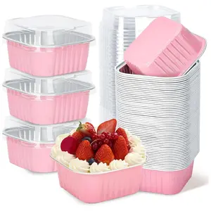30Pack 5oz Pink Mini Cake Pans with Lids Baking Cups Aluminum Foil Pans Tins, Individual Dessert Cups Containers for Sales,Party,Picnics