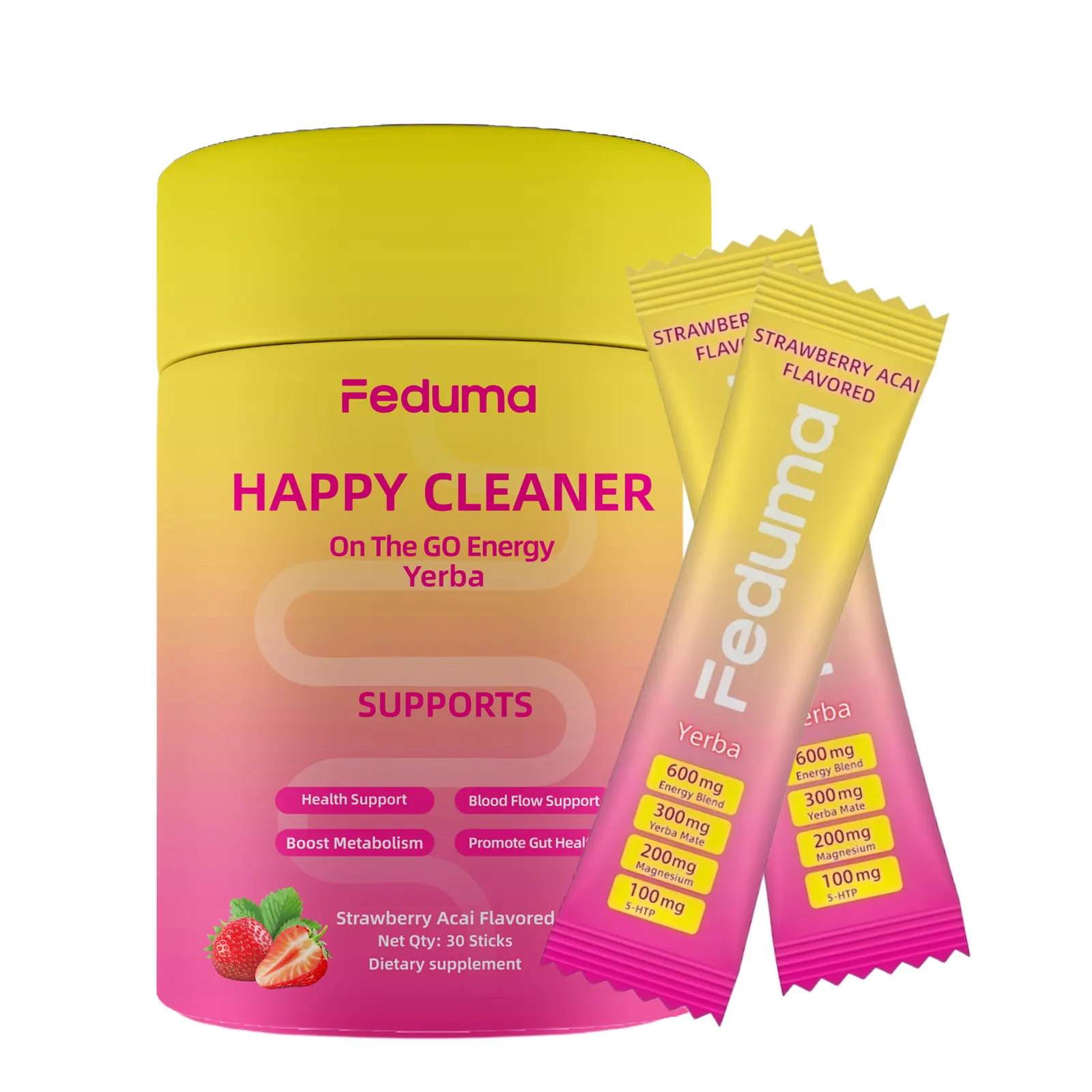 Feduma Happy Cleaner Drink Mix  -  Berberine, Chromium, 5-HTP, Yerba Mate & Magnesium , Strawberry Acai Flavor,30 Servings Superfood Powder Stick