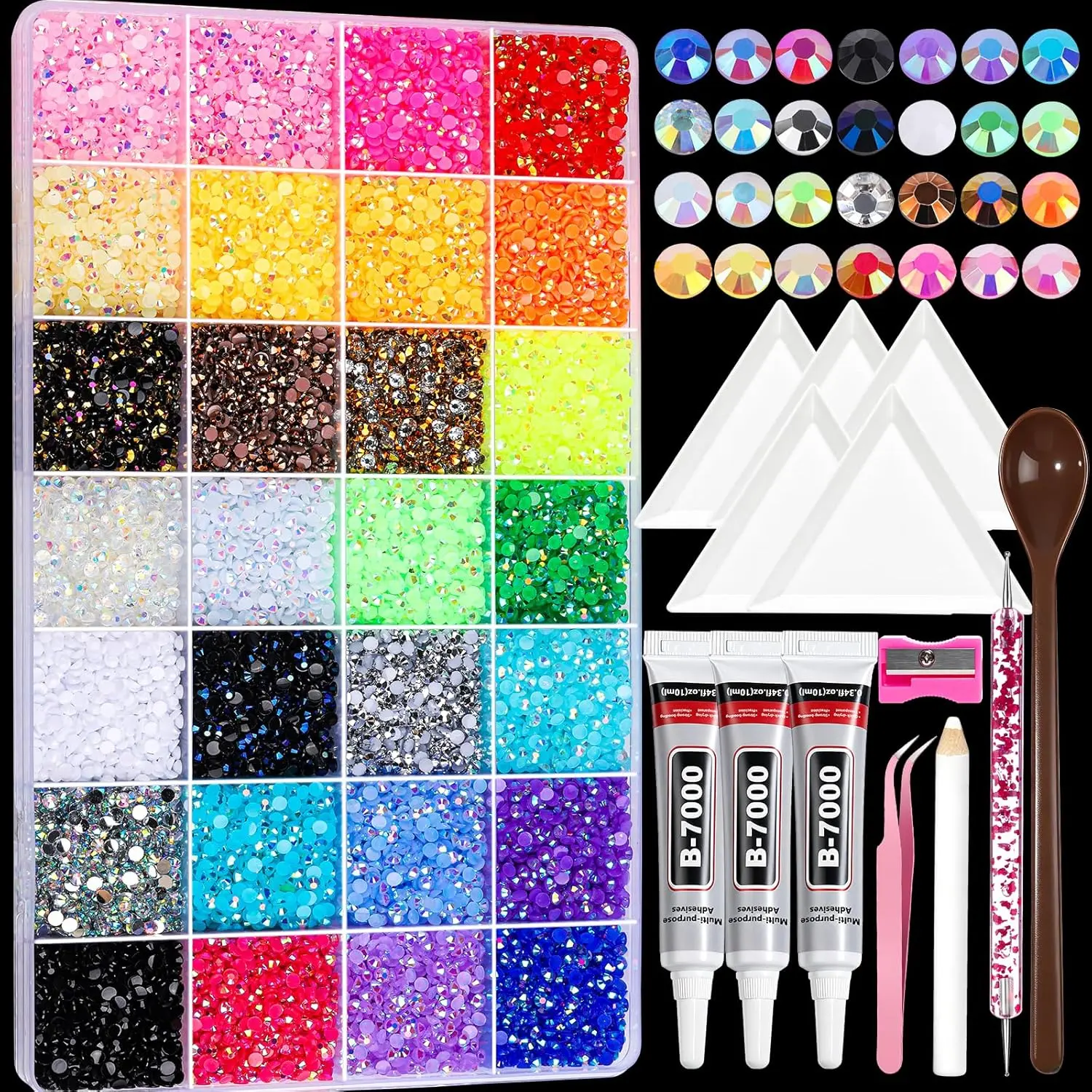Bedazzling Kit 28 Colors Rhinestones Kit, 30000Pcs Flatback Rhinestones for Bedazzling Gems with 3Pcs B7000 Jewelry Glue and Resin Rhinestone Tools for Nail Art Diamond Art Crafts DIY