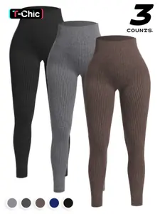 3pcs Women's Seamless Soft Athletic Stretchable Yoga Pants, High Waist Stretchy, High Waisted Ribbed Fitness Leggings, Skinny Sports Leggings, Perfect for Running, Cycling, and Gym Use, Comfortable Sportswear