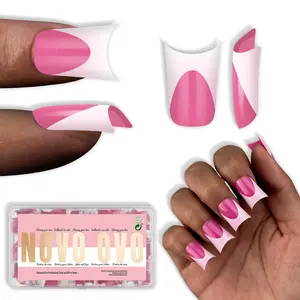 NOVO OVO Extra Thick Duck Nails Short with Moon Curve Light White French Tips ROSE PINK Full Cover for Press on Acrylic, Flare Wide French Soft Gel Fake False Nail Extension x 15 Sizes 240 pcs【NO GLUE ,TOP COATAND LAMP INCLUDED】