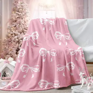 Pink Ribbon Bow Blanket Coquette Aesthetic Flannel Throw Ultra Soft Warm Cozy Fuzzy Bedding Microfiber Fleece Lightweight All Season Breathable Pink Bowknot Print Machine Washable Plush Couch Cover