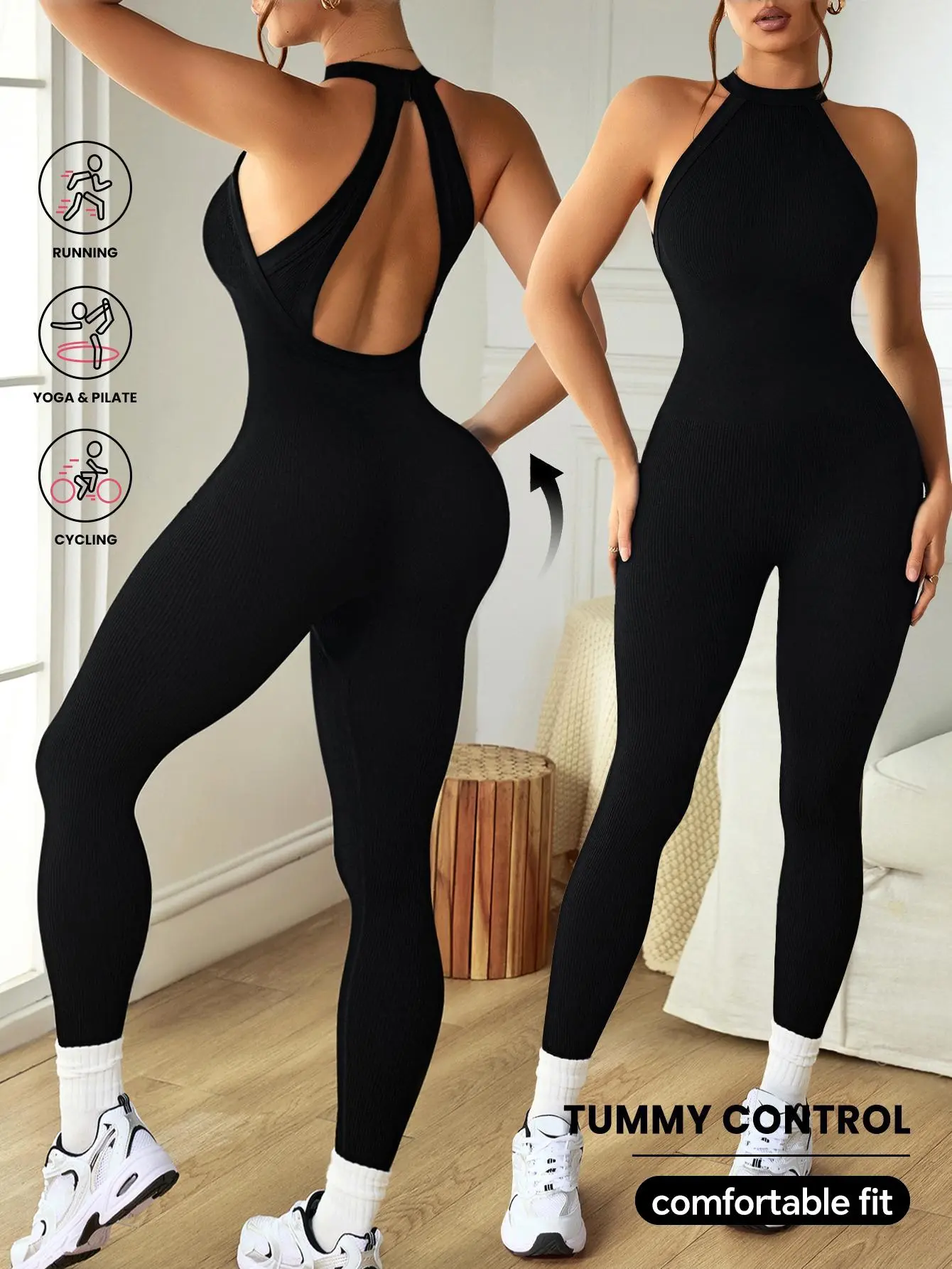 Women’s Upgraded Backless Rib-Knit Yoga Jumpsuit, Thicker Stretch One Piece Workout Romper, Sleeveless Activewear for Pilates, Gym & Daily Wear