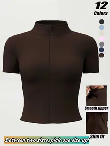 Women's Spring Summer Zipper Short Sleeve Jacket, High Stretch Quick Dry Yoga Top, Stand Collar Running Sports Outerwear, Activewear