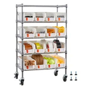 VEVOR 5-Tier Rolling Bin Storage Rack, 16 Organizer Bins, Bin Rack Storage Steel Wire Shelving System with Wheels, Mobile Tool Organizer for Garage, Warehouse, Office, Restaurant, Classroom, Kitchen