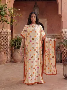 Elegant All-Over Printed Matching Robe Set, Fitted Long Dress + Headscarf Scarf Hairband, Sun Protection Satin Silk Shawl for Women Beachwear