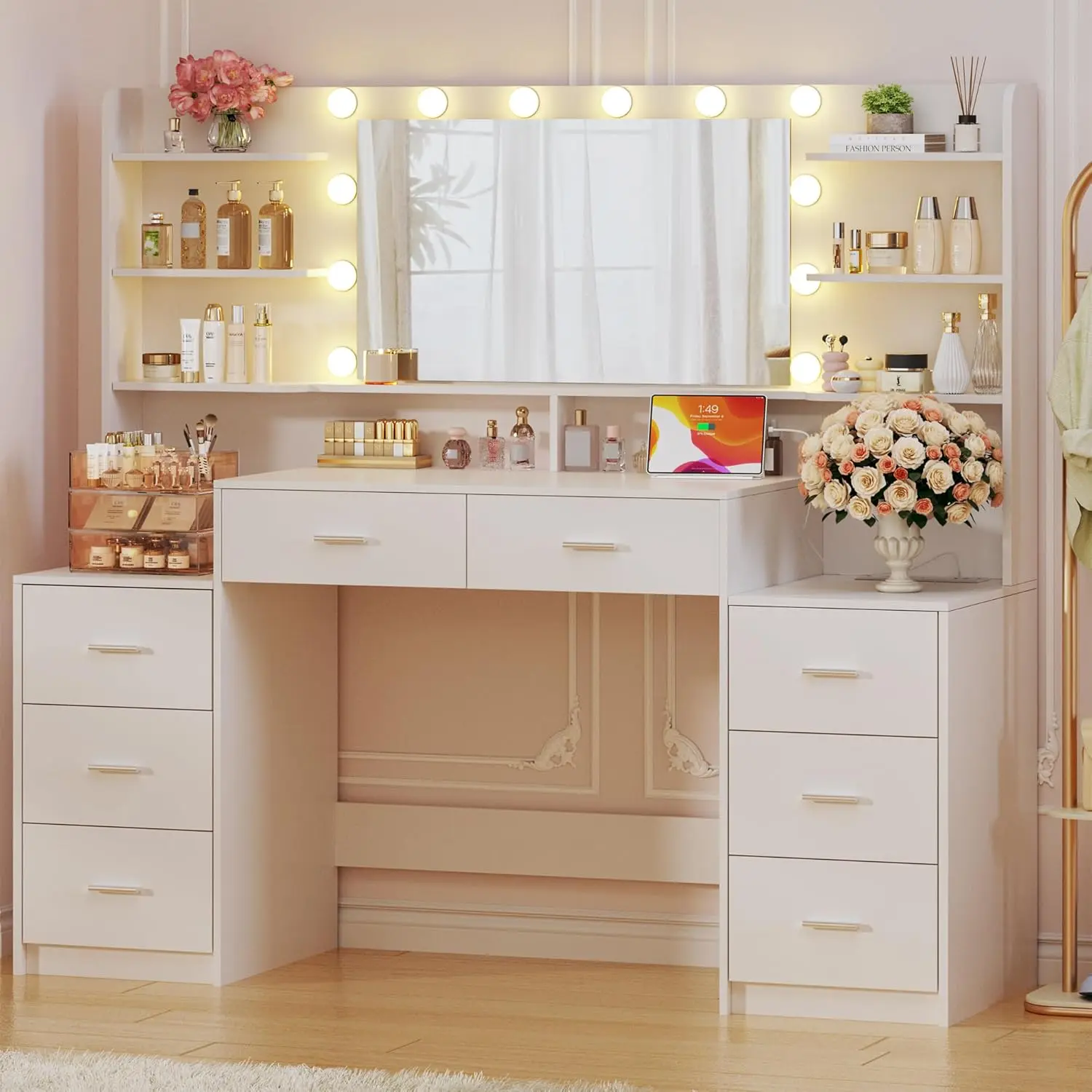 Large Vanity Desk with Mirror & Lights, White Makeup Vanity with 8 Drawers & 6 Storage Shelves, Vanity Set with LED Lights and Power Outlet, 3 Lighting Modes, Adjustable Brightness - TikTok Shop Large Vanity Desk with Mirror & Lights, White Makeup Vanity with 8 Drawers & 6 Storage Shelves, Vanity Set with LED Lights and Power Outlet, 3 Lighting Modes, Adjustable Brightness - TikTok Shop