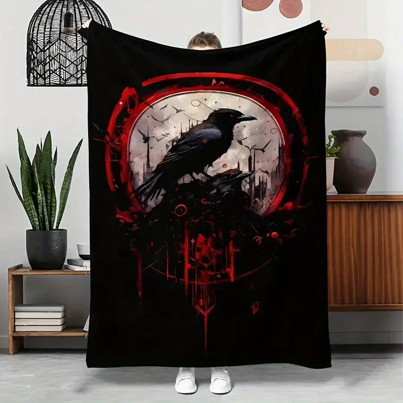 Mystical Raven Art Flannel Throw Blanket, Dramatic Dark Red Tone Single-Side Print, Soft Warm Polyester Fabric, Fast-Drying Durable Cover for Indoor & Outdoor Use, Cozy Companion for TV Time, Practical Thoughtful Gift Choice