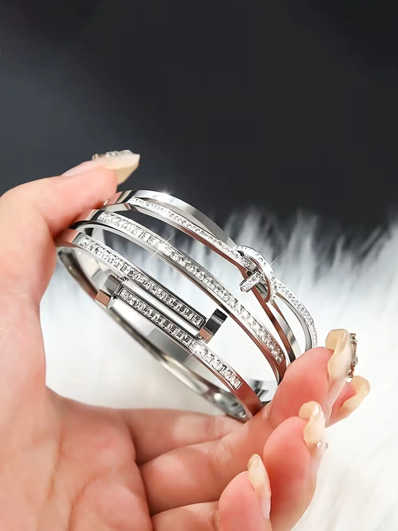 3-piece set of stainless steel diamond encrusted bracelets, Stackable Bracelet, showcasing unique personality style, French elegant and fashionable style, perfect for gift giving and daily commuting, Trendy Stack Bangle, Bracelet Combination Set