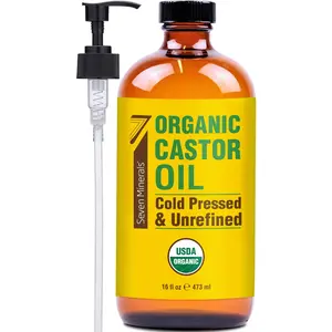 Glass Bottle Castor Oil Organic Cold Pressed Unrefined Seven Minerals 16 oz - 100% Pure USDA Certified Organic Hexane Free Body Care Comfort Cosmetic